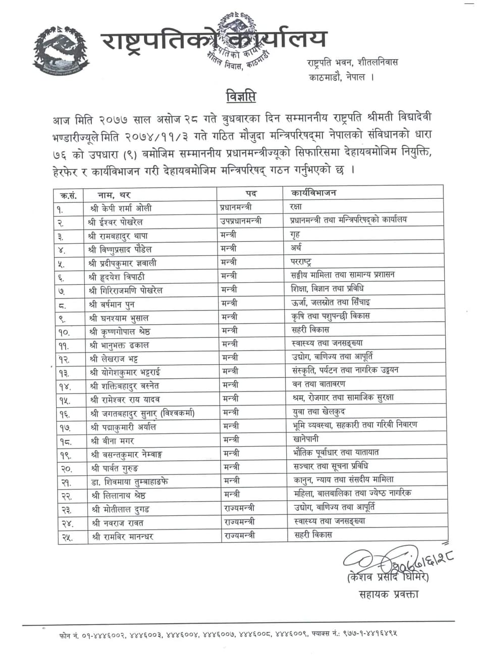 मन्त्रिपरिषद पुनर्गठन : पोखरेलको मन्त्रालय परिवर्तन, पौडेल बने अर्थमन्त्री