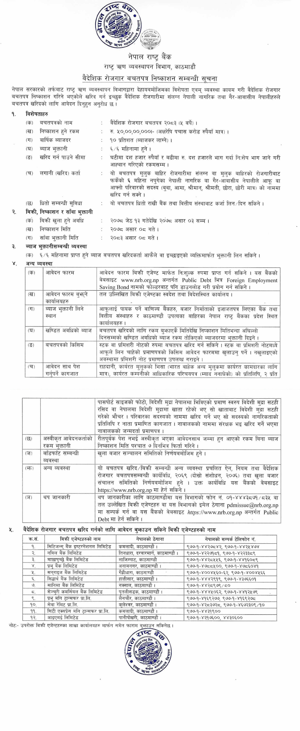 राष्ट्र बैंकद्धारा ५० करोड रुपैयाँ बराबरको ‘वैदेशिक रोजगार बचतपत्र २०८३’ निष्कासन (सूचनासहित)