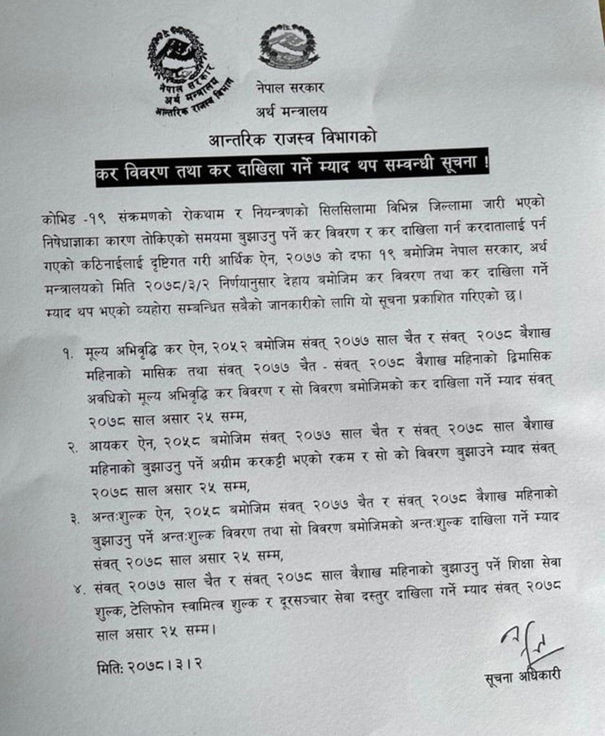 कर तिर्ने समयसीमा असार २५ गतेसम्म निर्धारण