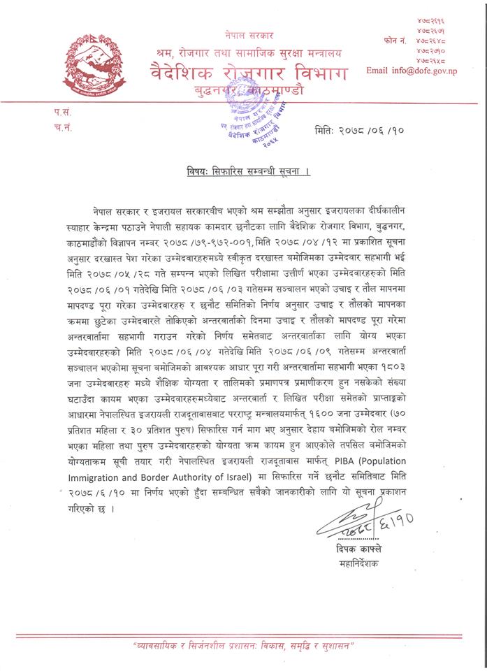 इजरायल रोजगारी :‘केयरगिभर’मा जान योग्य १६०० जनाको नाम ‘पिआइबीए’मा सिफारिस (सूचिसहित)