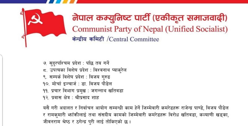 नेकपा एकीकृत समाजवादीले तोक्यो प्रदेश इन्चार्ज, नेताहरुको जिम्मेवारी यसरी बाँडफाँट