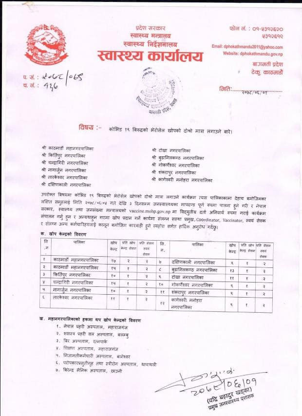 काठमाडौंमा भेरोसेलको दोस्रो डोज असोज ४ गतेदेखि लगाइने (खोपकेन्द्रको सूचीसहित)