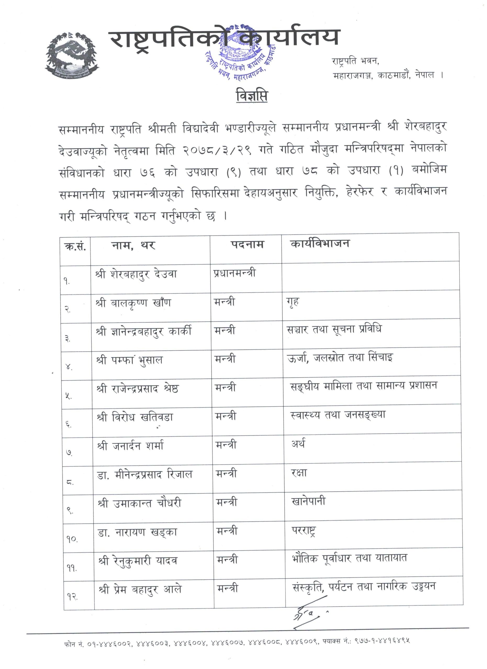 मन्त्रिमण्डलले पायो पूर्णता, नवनियुक्त मन्त्रीहरुले लिए शपथ