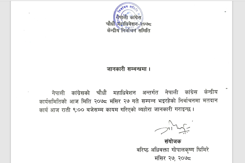 कांग्रेसको महाधिवेशन : मतदानको समय राति ९ बजेसम्म थपियो