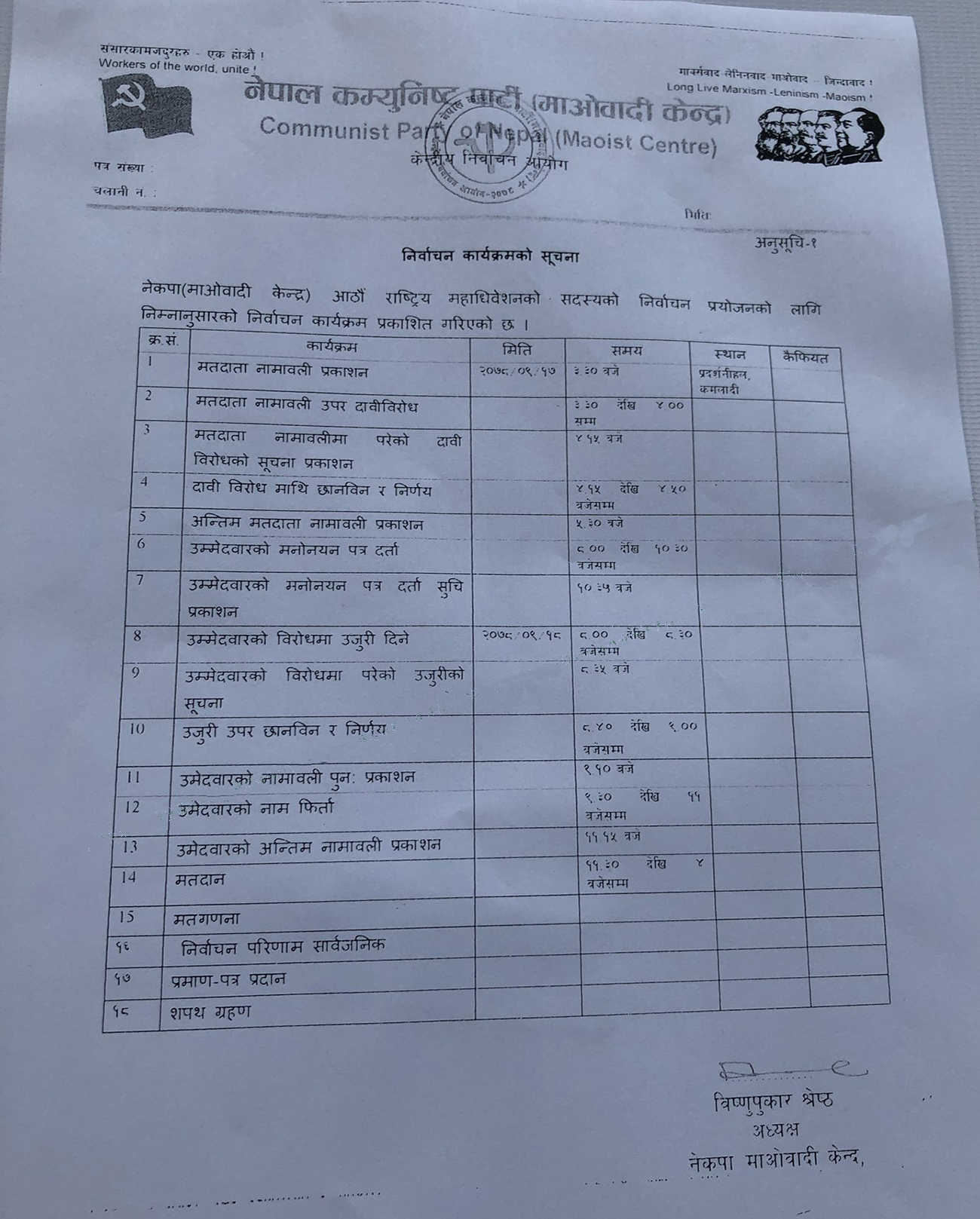 माओवादी महाधिवेशन : निर्वाचन कार्यतालिका सार्वजनिक, मतदान भोलि (कार्यतालिकासहित)