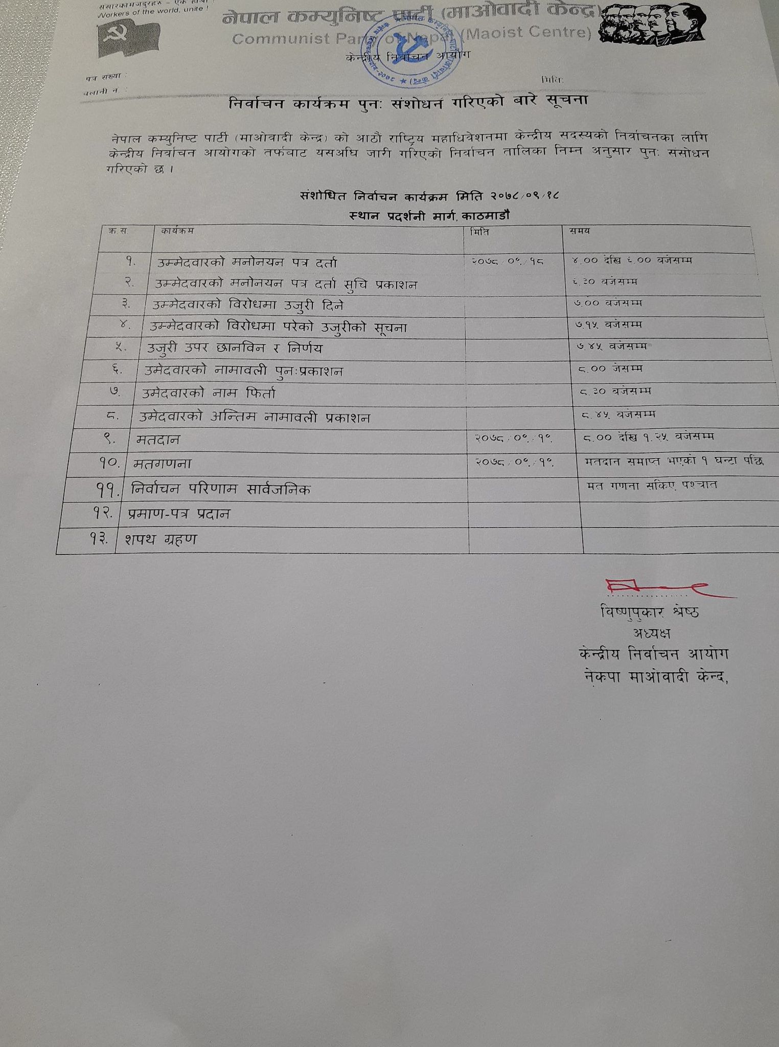 माओवादी अधिवेशन : निर्वाचन तालिका तेस्रो पटक संशोधन, यस्तो छ संशोधित तालिका