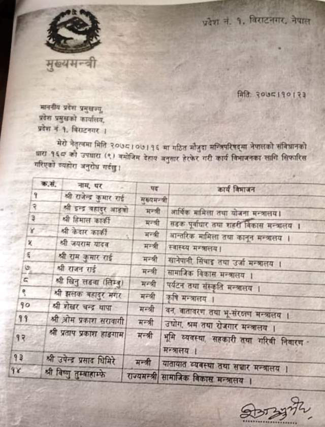 प्रदेश १ मा मन्त्रिपरिषद विस्तार, को-को भए मन्त्री ? (नामावलीसहित)