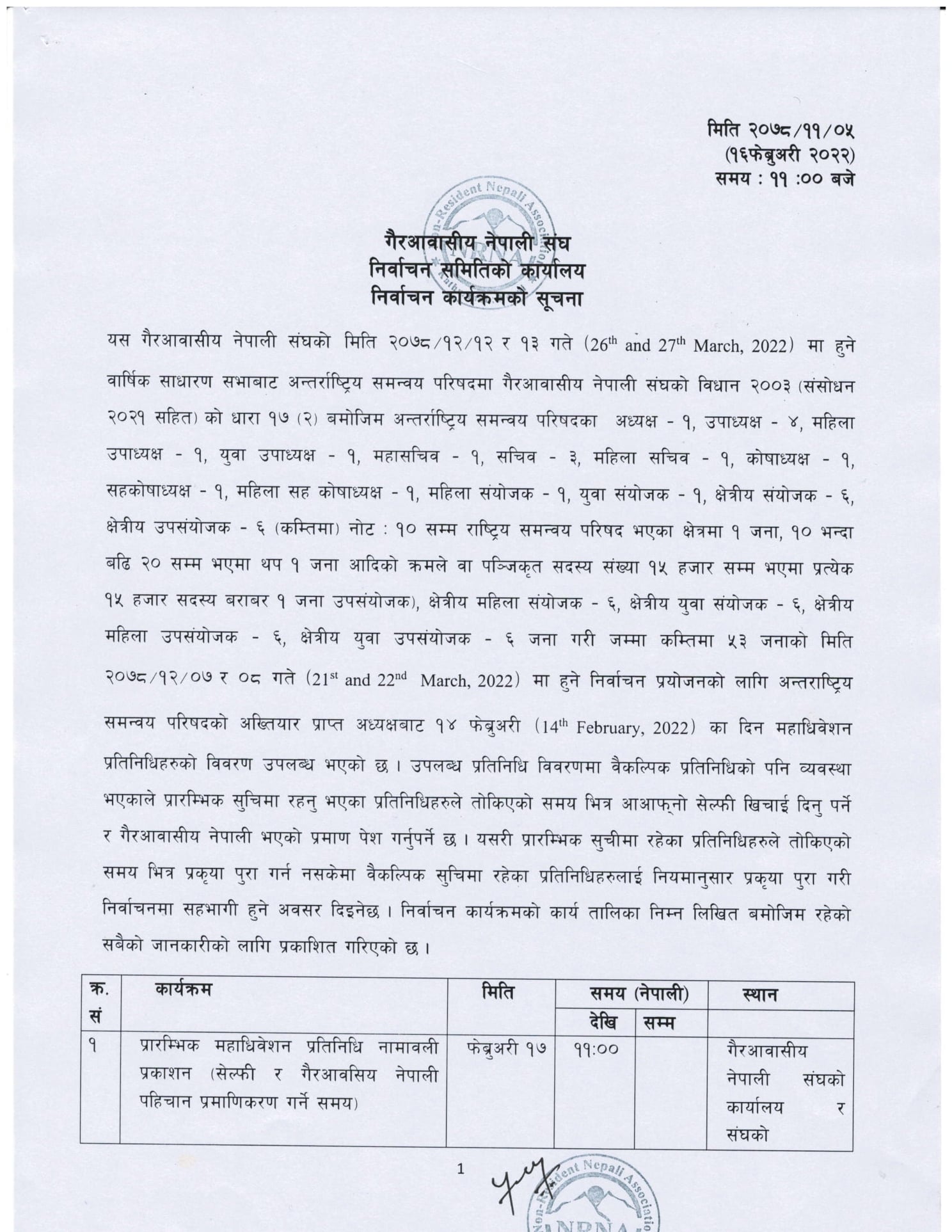 एनआरएनए निर्वाचनको नयाँ मिति सार्वजनिक, यस्तो छ निर्वाचन कार्यतालिका