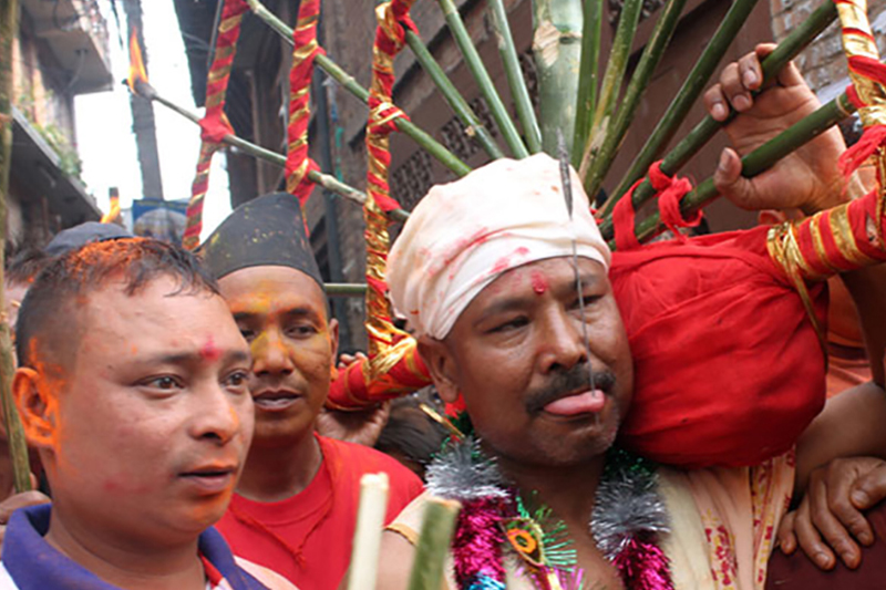 भक्तपुरको बोडेमा आज बुद्धकृष्णले नवौं पटक जिब्रो छेड्दै