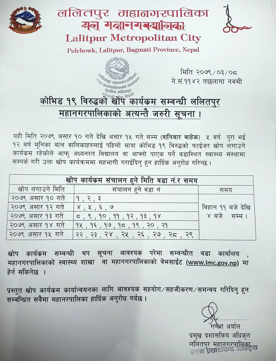 ललितपुरमा आजदेखि बालबालिकालाई फाइजर खोप