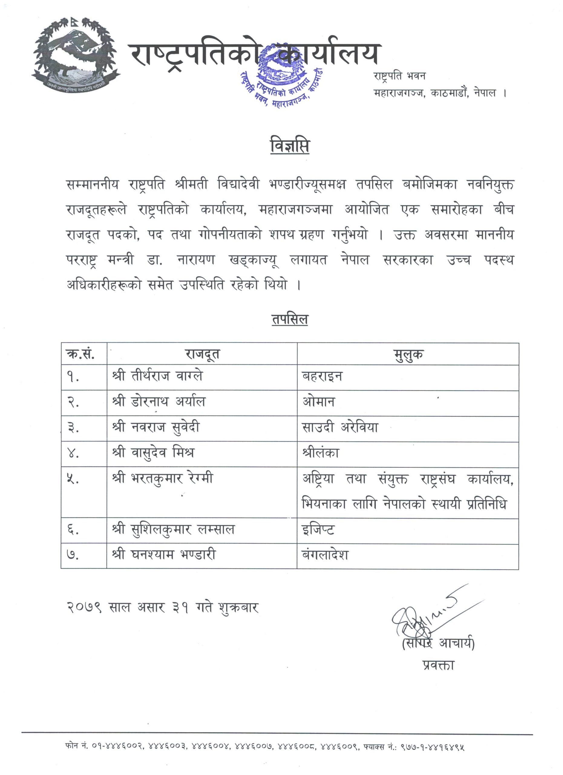 राष्ट्रपतिले गराइन् ७ नवनियुक्त राजदूतलाई शपथ