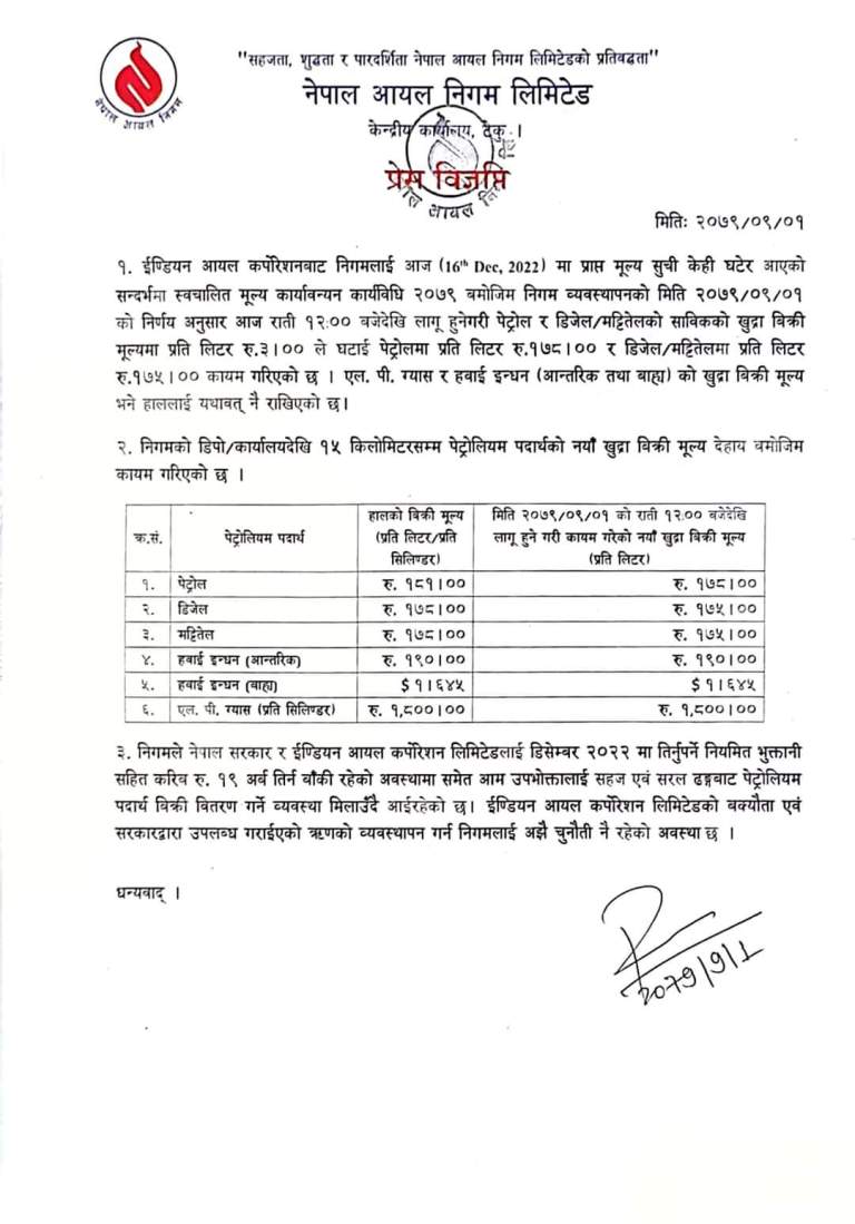 आयल निगमले घटायो इन्धनको मूल्य, पेट्रोल-डिजेल र मट्टीतेलको मूल्यमा प्रतिलिटर ३ रुपियाँ कमि