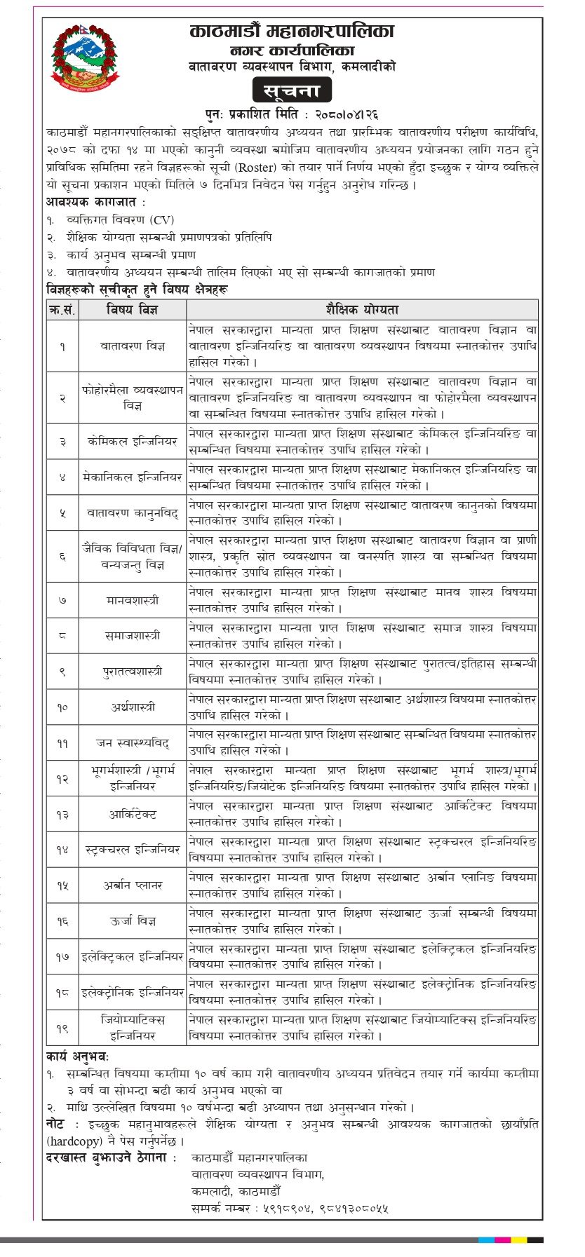 १९ विषय विज्ञ खोज्दै काठमाडौं महानगर (सूचनासहित)