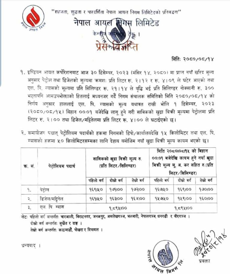 पेट्रोल, डिजल र मट्टितेलको मूल्य घट्यो (मूल्यसूचीसहित)