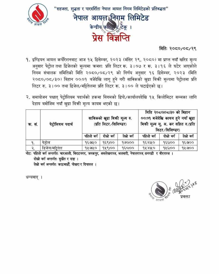 पेट्रोल, डिजल र मट्टीतेलको मूल्य घट्यो (मूल्यसूचीसहित)