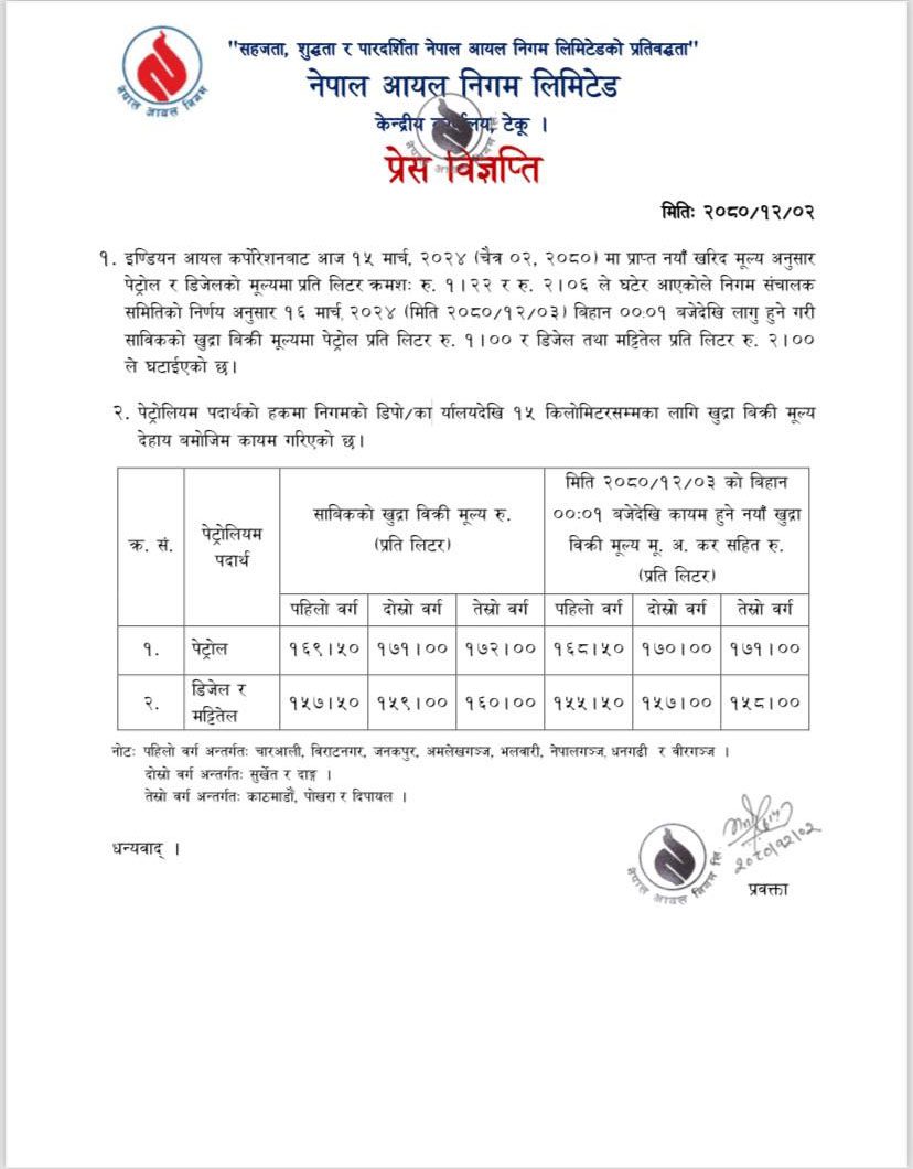 घट्यो पेट्रोल र डिजेलको मूल्य (मूल्यसूचीसहित)