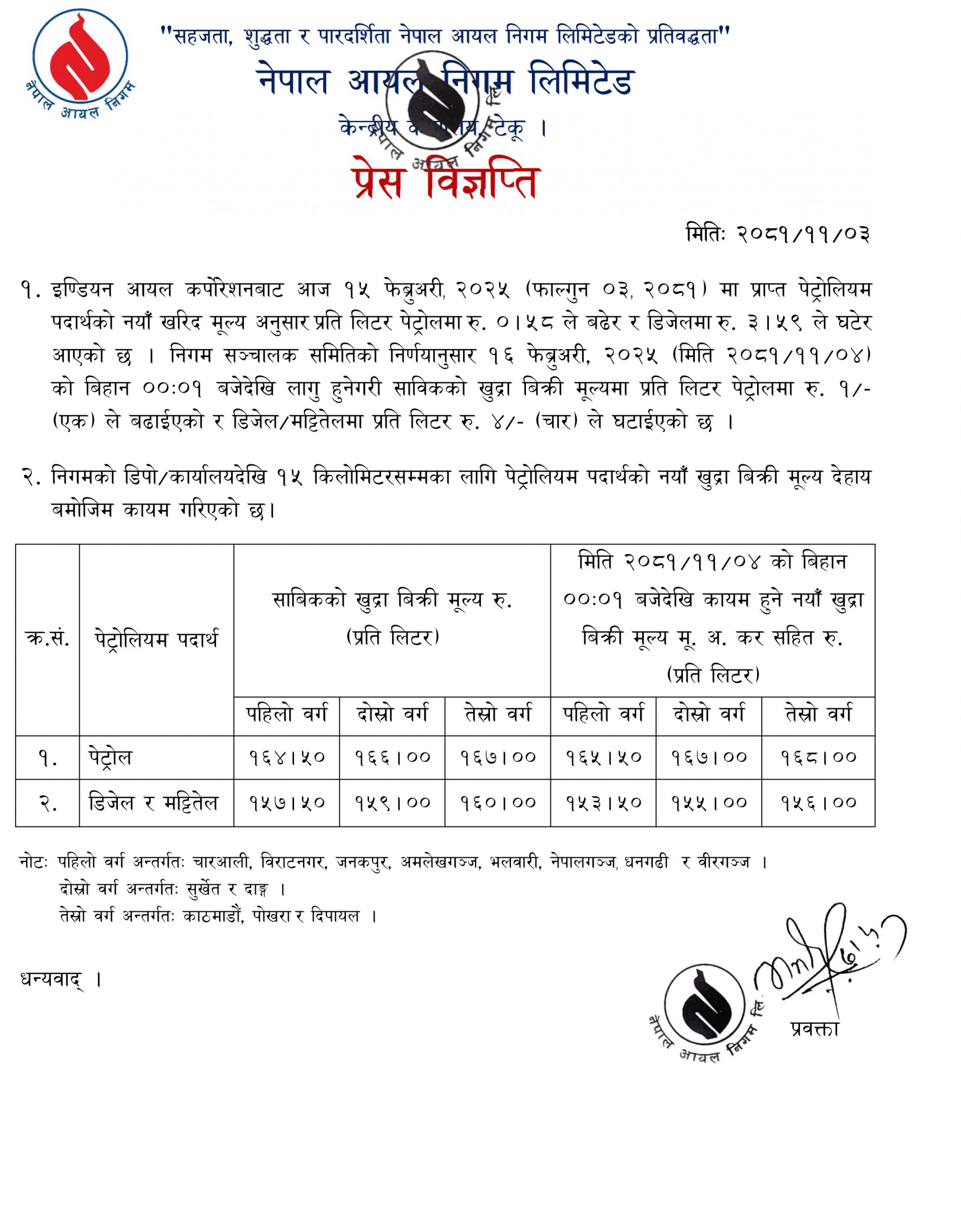 पेट्रोलमा मूल्य बढदा डिजेल र मट्टीतेलको घट्यो