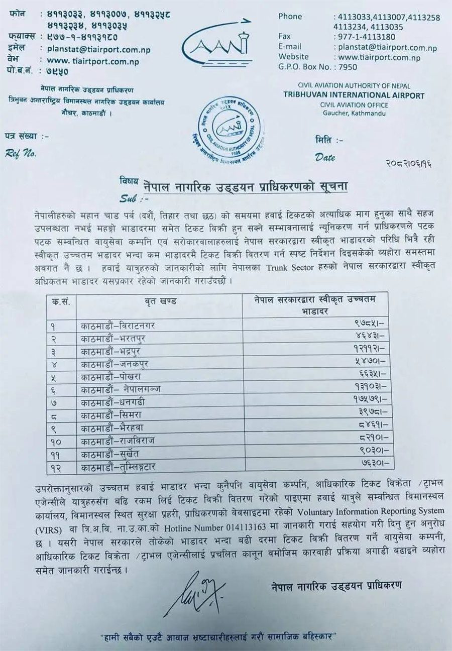 आन्तरिक हवाई भाडादर सार्वजनिक (सूचीसहित)