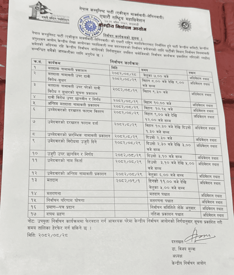 एमालेको निर्वाचन तालिका सार्वजनिक, मतदान पुस १ गते हुने (तालिकासहित)
