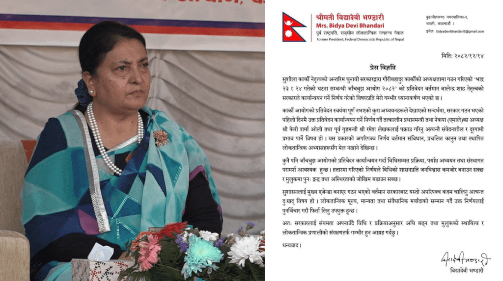 हतारमा गरिएको निर्णयले अस्थिरता बढाउन सक्छ : पूर्वराष्ट्रपति भण्डारी