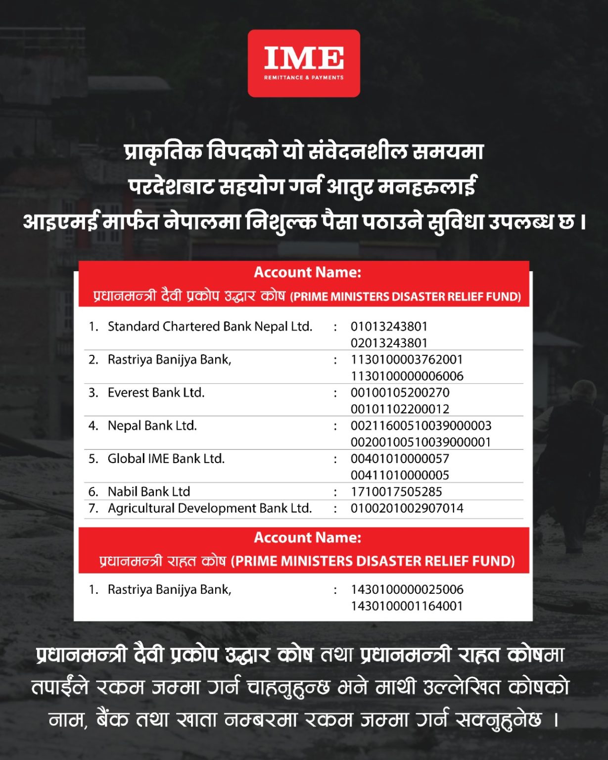 विदेशबाट बाढीपीडितलाई सहयोग पठाउन आइएमईको निःशुल्क सेवा